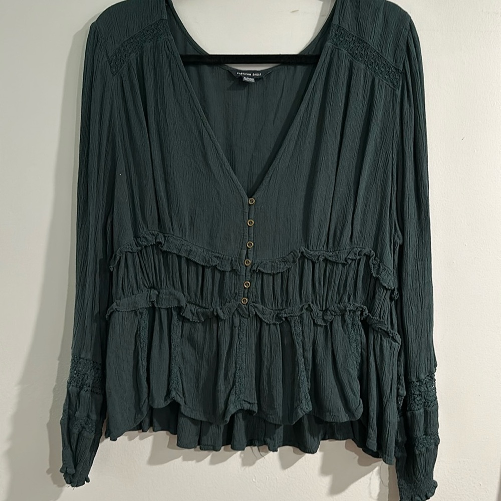 American Eagle Emerald Green Prairie Button Ruffle Lace Top